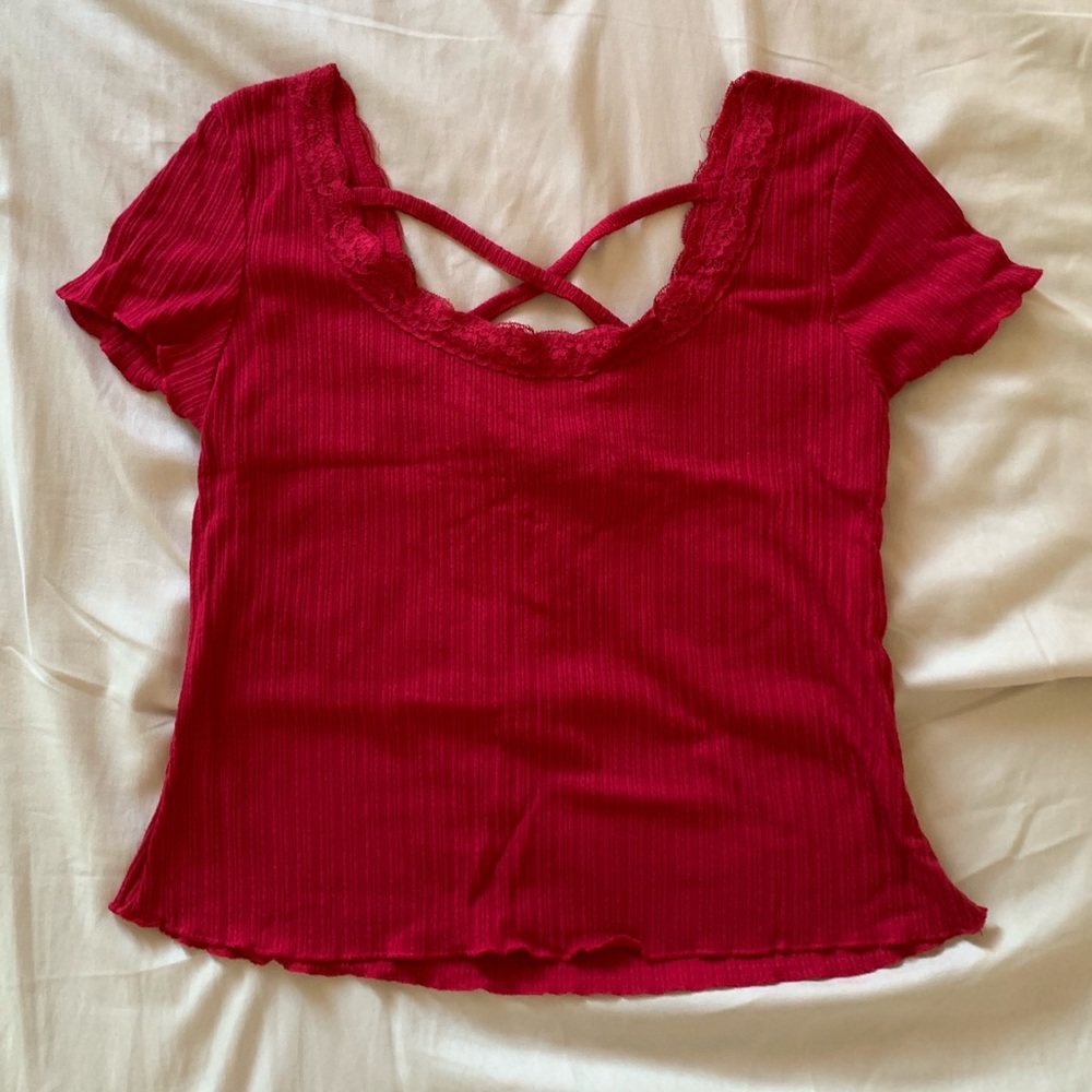 Ribbed Red Blouse with a Laced Collar and Crisscross Back: 
• Size: Medium/Large